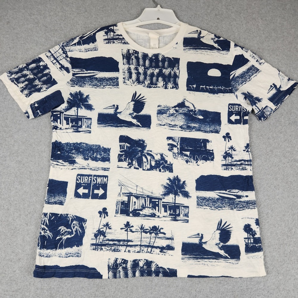H&M L.O.G.G. T-Shirt Mens M White Blue Graphic Print Beach Surf Slub Cotton Tee